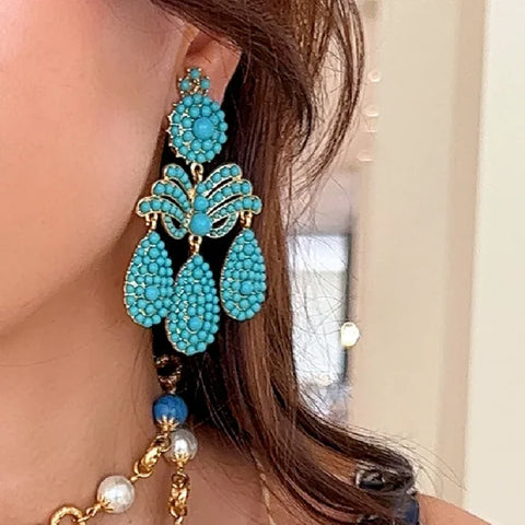Draweye Turquoise Earrings in Vintage Tassel Elegant Beach Style - Himpall