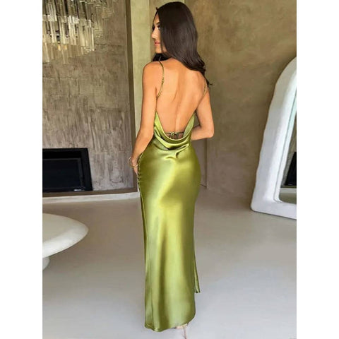 Dulzura Satin Maxi Dress: Lace-Up Back Side Slit Elegant Summer Style - clothing