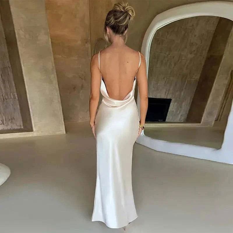 Dulzura Satin Maxi Dress: Lace-Up Back Side Slit Elegant Summer Style - WHITE / L - clothing