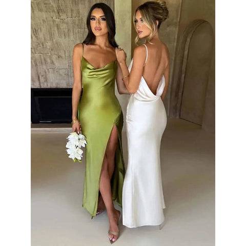 Dulzura Satin Maxi Dress: Lace-Up Back Side Slit Elegant Summer Style - clothing