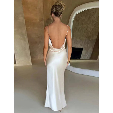 Dulzura Satin Maxi Dress: Lace-Up Back Side Slit Elegant Summer Style - clothing