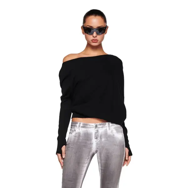 Dulzura Sexy Elegant One-Shoulder Long Sleeve Top for Women – Irregular Design Birthday Party & Office Wear - black / S