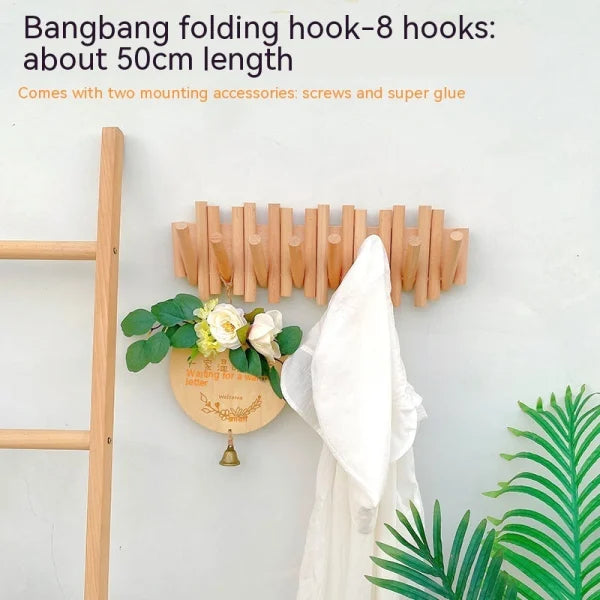 Durable wooden wall-mounted stick hook with 8 folding hooks, 19cm length