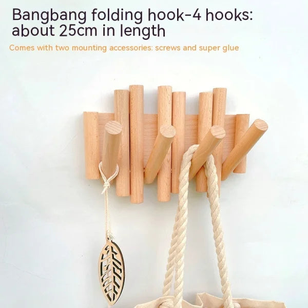 Durable stick hook with 3 extendable pegs, 19cm wooden folding wall mount