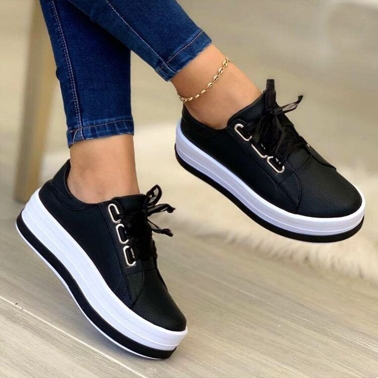 Fashion Flats Sneakers Women Ribbon Lace-up Platform Shoes - Black / Size35