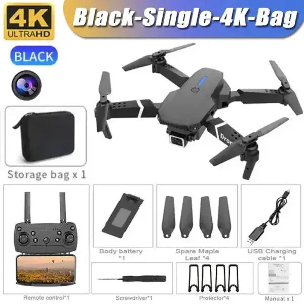 E88Pro RC Drone with Dual HD Camera and Altitude Hold Mode - Black-Single-4K-Bag