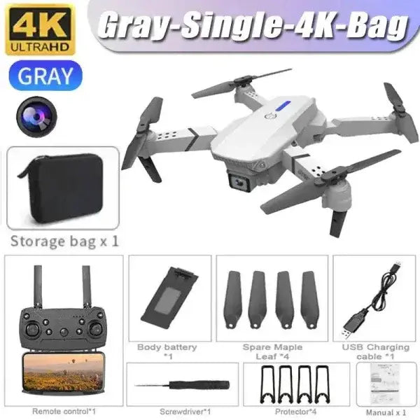 E88Pro RC Drone with Dual HD Camera and Altitude Hold Mode - Gray-Single-4K-Bag
