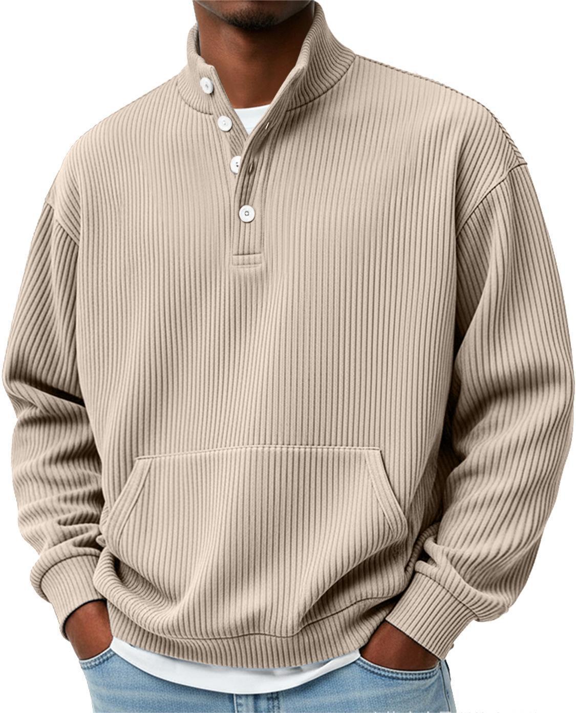Mens Solid-Color Turtleneck Casual Long-Sleeve Polo Sweatshirt With Pockets For Men Spring Autumn Clothing Loose Button