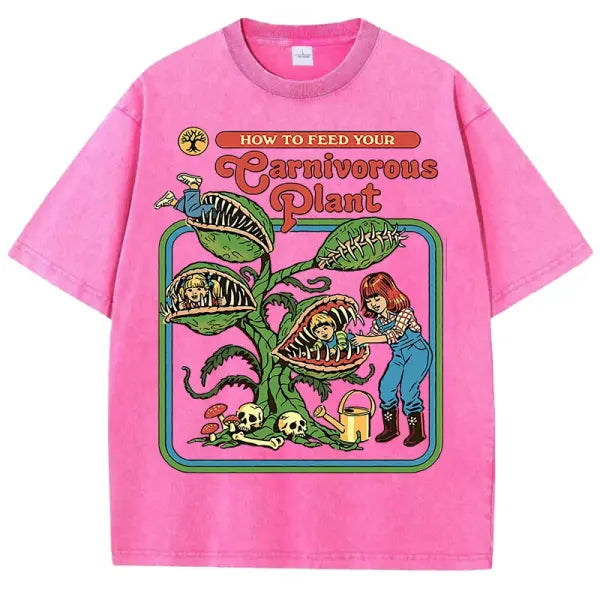 Carnivorous Plant Graphic T-Shirt for Men – Washed Cotton Breathable Casual Summer Tee Short Sleeve Crewneck - Pink / L