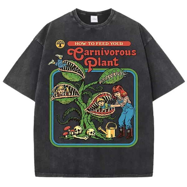 Carnivorous Plant Graphic T-Shirt for Men – Washed Cotton Breathable Casual Summer Tee Short Sleeve Crewneck - Black