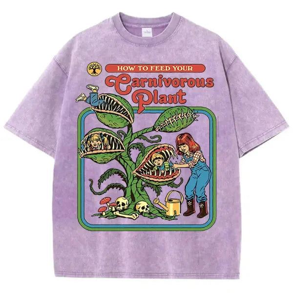 Carnivorous Plant Graphic T-Shirt for Men – Washed Cotton Breathable Casual Summer Tee Short Sleeve Crewneck - Purple