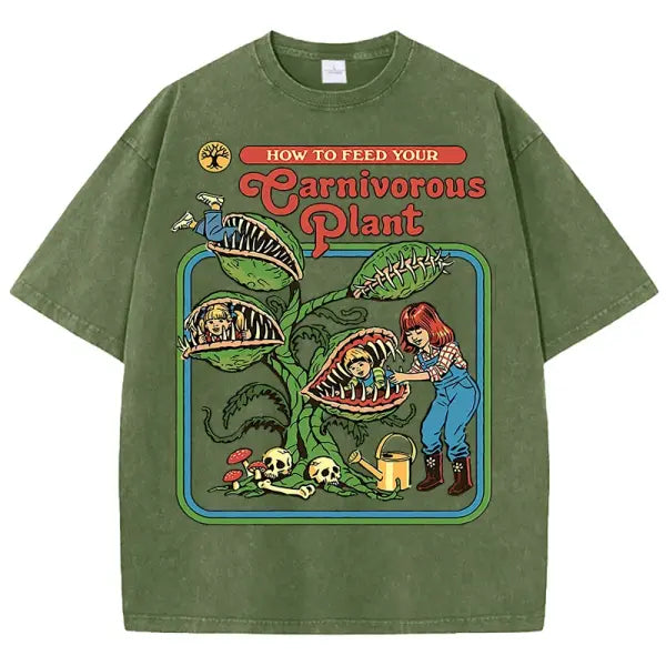 Carnivorous Plant Graphic T-Shirt for Men – Washed Cotton Breathable Casual Summer Tee Short Sleeve Crewneck - Dark