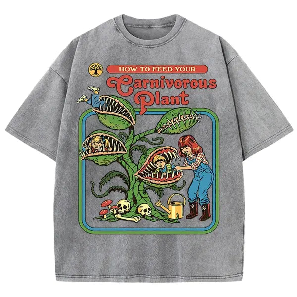 Carnivorous Plant Graphic T-Shirt for Men – Washed Cotton Breathable Casual Summer Tee Short Sleeve Crewneck - Gray / S