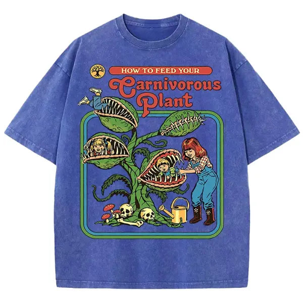 Carnivorous Plant Graphic T-Shirt for Men – Washed Cotton Breathable Casual Summer Tee Short Sleeve Crewneck - Blue
