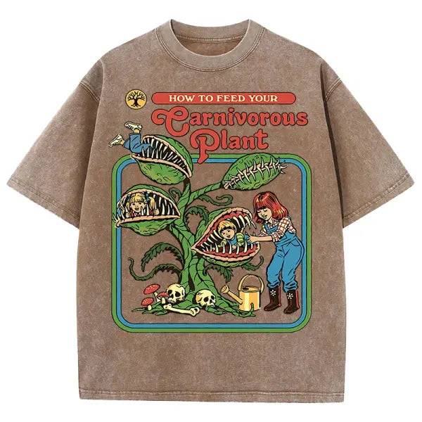 Carnivorous Plant Graphic T-Shirt for Men – Washed Cotton Breathable Casual Summer Tee Short Sleeve Crewneck - Brown
