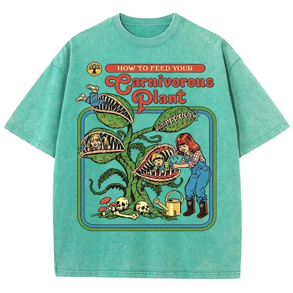 Carnivorous Plant Graphic T-Shirt for Men – Washed Cotton Breathable Casual Summer Tee Short Sleeve Crewneck - Green