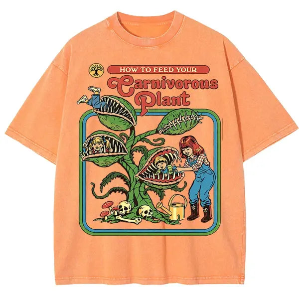 Carnivorous Plant Graphic T-Shirt for Men – Washed Cotton Breathable Casual Summer Tee Short Sleeve Crewneck - Orange