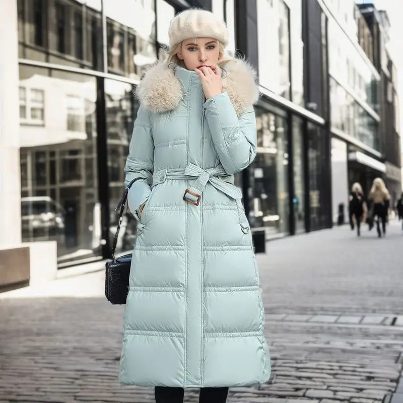 Women’s Winter Slim Long Jacket with Fur Hood and Stylish Belt