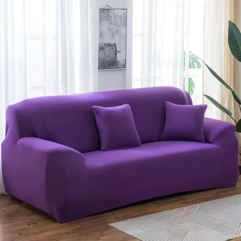 Elastic Solid Sofa Cover Protector for 1/2/3/4 Seater L-Shaped Corner Sofa - Purple / 3-seat 195-230cm