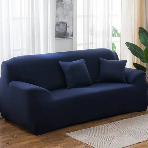 Elastic Solid Sofa Cover Protector for 1/2/3/4 Seater L-Shaped Corner Sofa - Navy Blue / 3-seat 195-230cm