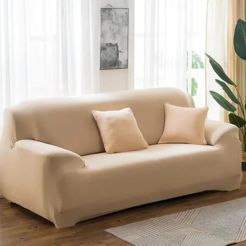 Elastic Solid Sofa Cover Protector for 1/2/3/4 Seater L-Shaped Corner Sofa - Beige / 3-seat 195-230cm