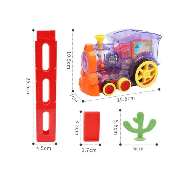 Colorful electric domino train engine with purple sections and yellow wheels