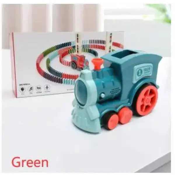Turquoise electric domino train engine with red wheels and coral accents