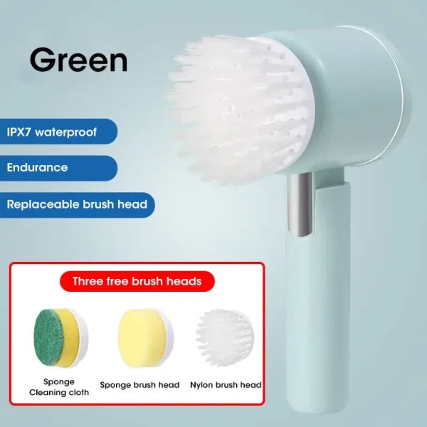 Electric Spin Scrubber 5-in-1 Power Brush with Replaceable Heads - E300 Green