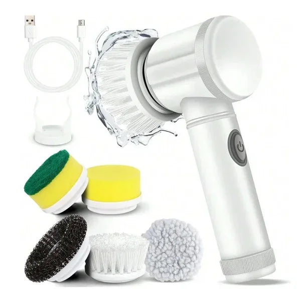 Electric Spin Scrubber 5-in-1 Power Brush with Replaceable Heads - white