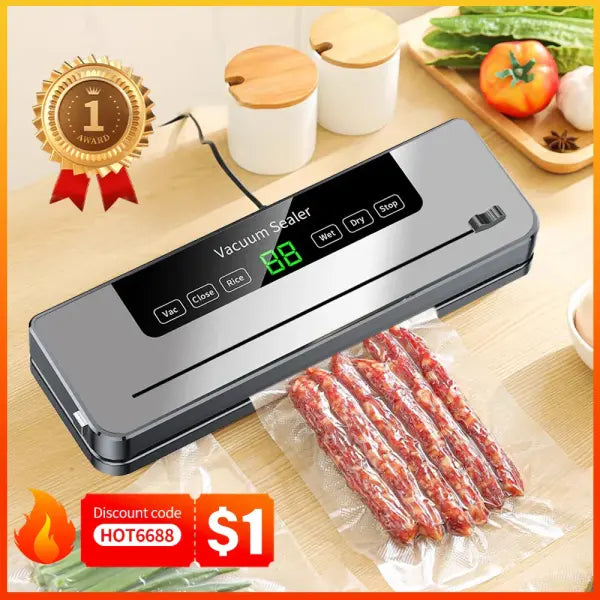 Vacuum packaging machine with fully automatic sealing and built-in cutter