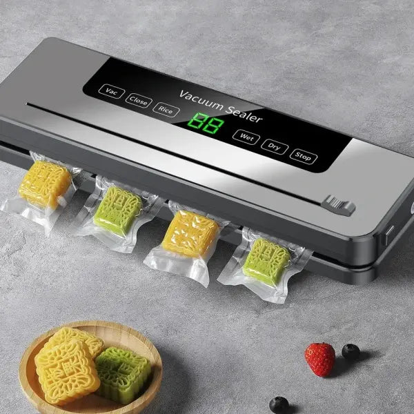 Vacuum packaging machine with fully automatic sealing and built-in cutter