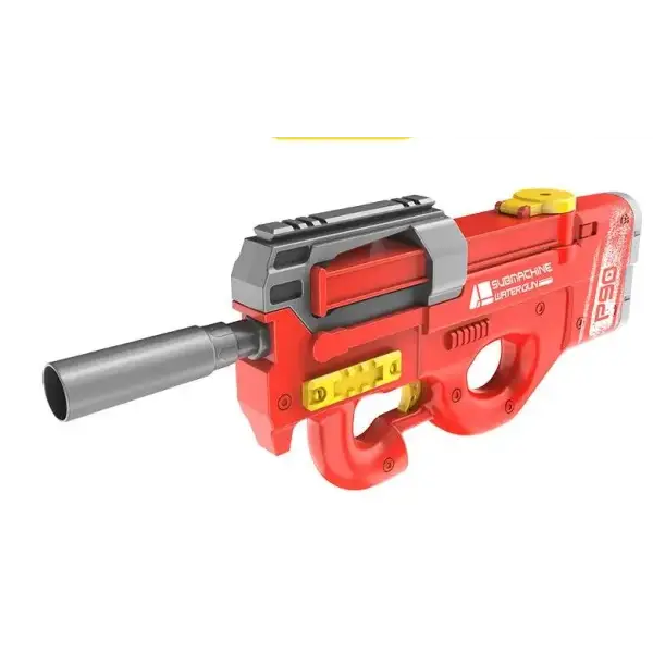 Red and black P90-style electric water gun with barrel extension for high-pressure fun in summer water games