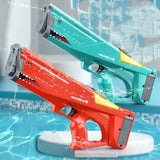 Red and turquoise shark electric water gun for high-pressure summer fun