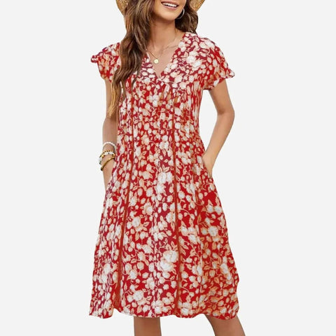 Elegant Dress: Sexy V-Neck Printing Ladies Beach Casual Floral Dress - Red / M / United States