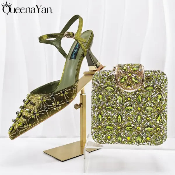 Olive Italian Shoe and Handbag Set with Chain Shoulder Strap for Weddings - Olive / 42 / China Mainland