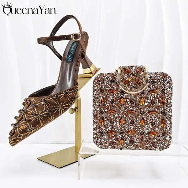 Olive Italian Shoe and Handbag Set with Chain Shoulder Strap for Weddings - Coffee / 39 / China Mainland