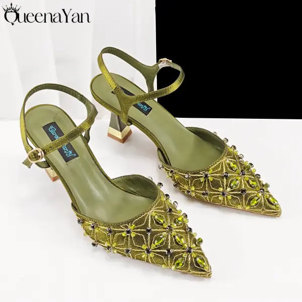 Olive Italian Shoe and Handbag Set with Chain Shoulder Strap for Weddings