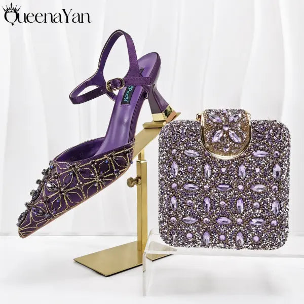 Olive Italian Shoe and Handbag Set with Chain Shoulder Strap for Weddings - Purple / 42 / China Mainland