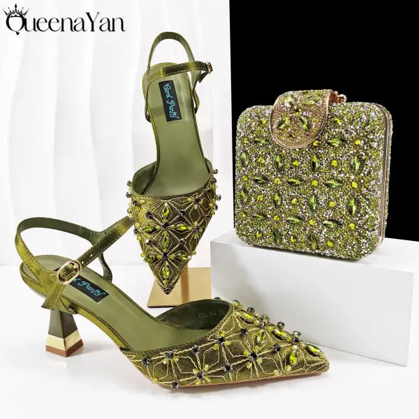 Olive Italian Shoe and Handbag Set with Chain Shoulder Strap for Weddings