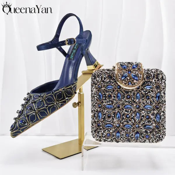 Olive Italian Shoe and Handbag Set with Chain Shoulder Strap for Weddings - Navy Blue / 42 / China Mainland