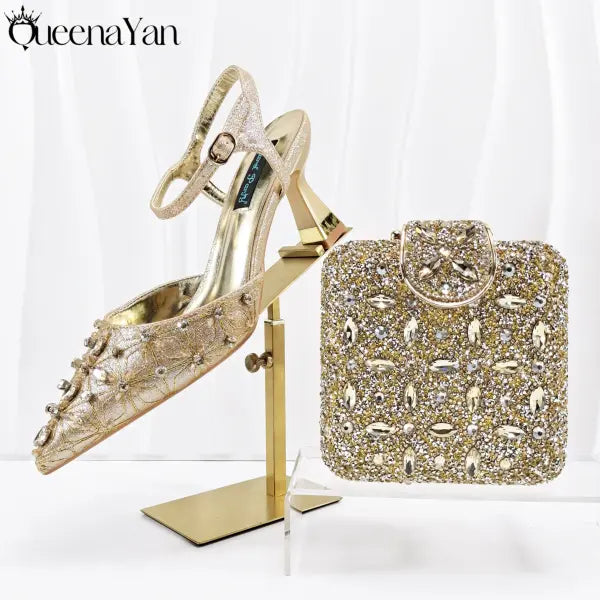 Olive Italian Shoe and Handbag Set with Chain Shoulder Strap for Weddings - Gold / 38 / China Mainland