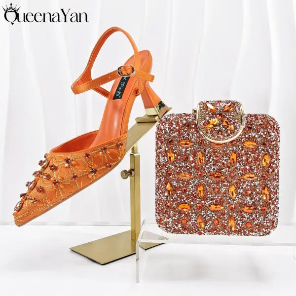 Olive Italian Shoe and Handbag Set with Chain Shoulder Strap for Weddings - Orange / 39 / China Mainland