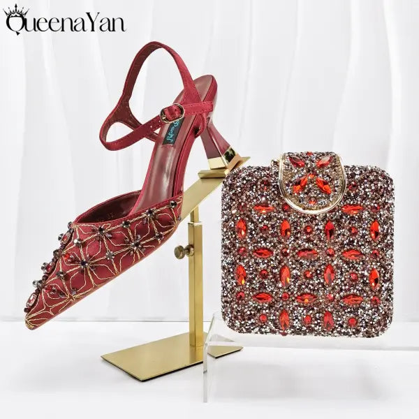 Olive Italian Shoe and Handbag Set with Chain Shoulder Strap for Weddings - Wine / 38 / China Mainland
