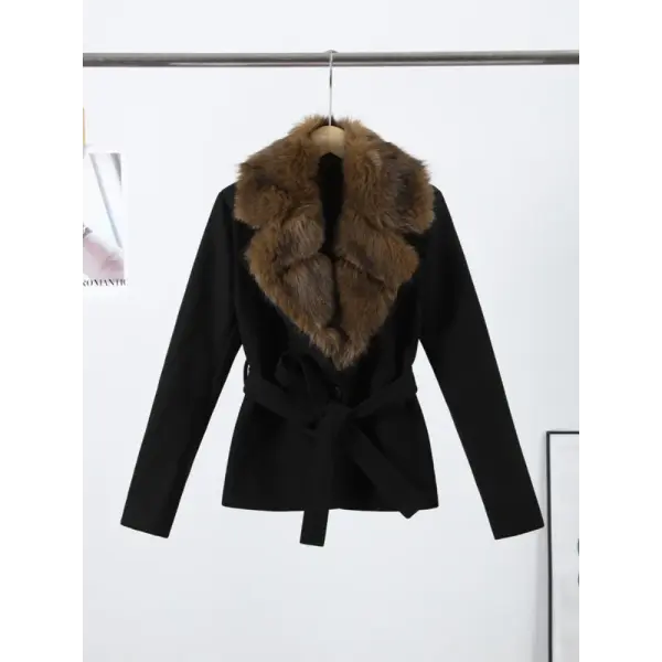 Women’s Wool Coat with Elegant Fur Collar – Contrast Lace-Up Turn-Down Collar Outwear Autumn Fashion
