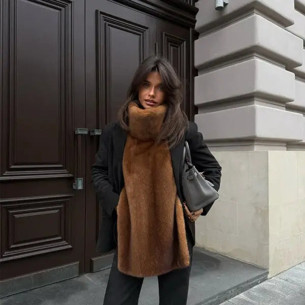 Women’s Wool Coat with Elegant Fur Collar – Contrast Lace-Up Turn-Down Collar Outwear Autumn Fashion - brown vest03 / L