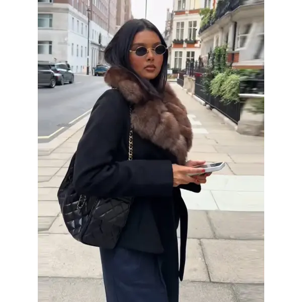 Women’s Wool Coat with Elegant Fur Collar – Contrast Lace-Up Turn-Down Collar Outwear Autumn Fashion