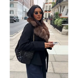 Women’s Wool Coat with Elegant Fur Collar – Contrast Lace-Up Turn-Down Collar Outwear Autumn Fashion