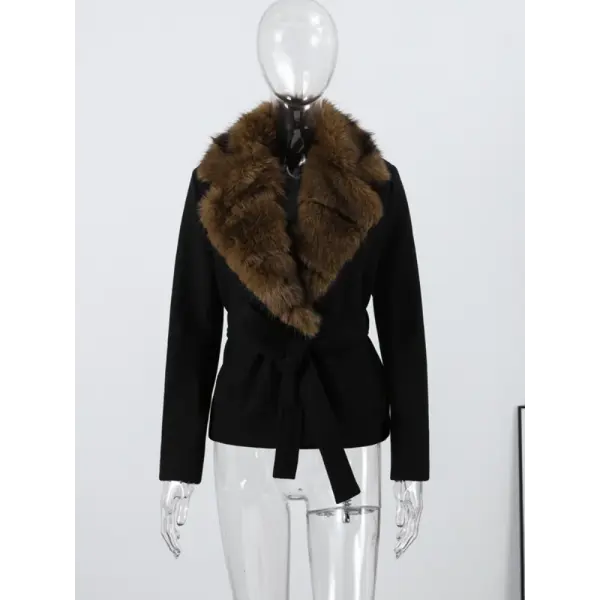 Women’s Wool Coat with Elegant Fur Collar – Contrast Lace-Up Turn-Down Collar Outwear Autumn Fashion