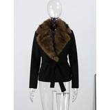 Women’s Wool Coat with Elegant Fur Collar – Contrast Lace-Up Turn-Down Collar Outwear Autumn Fashion