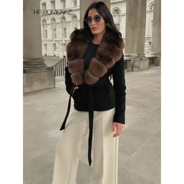 Women’s Wool Coat with Elegant Fur Collar – Contrast Lace-Up Turn-Down Collar Outwear Autumn Fashion